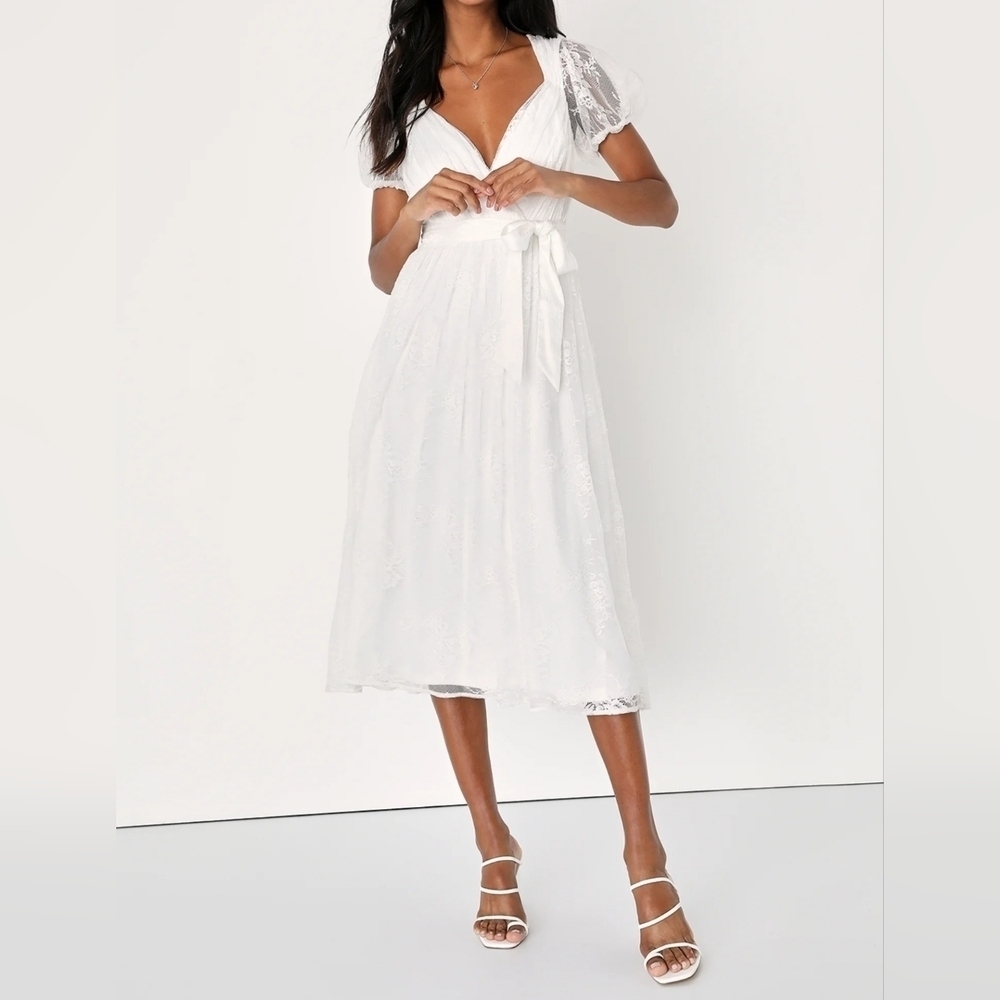 Lulus Romantic Prose White Lace Puff Sleeve Backless Midi Skater Dress, Small - Picture 5 of 14